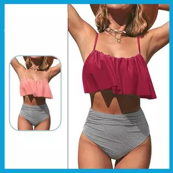Женское сплошное цветное полосатое бикини с разрезом на шее и баской, сексуальное бикини с высокой талией S розовый