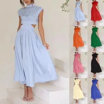 Женское сплошное цветное повседневное платье макси с высокой шеей и высокой талией, карманом и открытой талией L