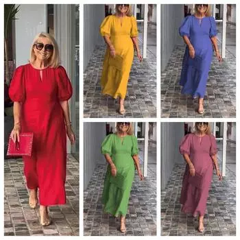 Женское сплошное цветное повседневное свободное платье с круглым вырезом и пышными рукавами большого размера, длинное платье 4XL чёрный