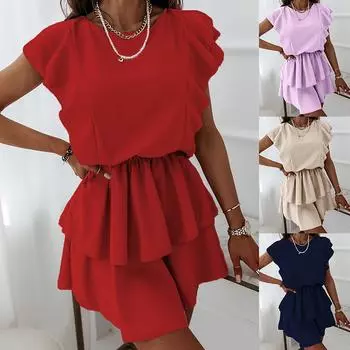 Женское сплошное цветное повседневное свободное платье с короткими рукавами и рюшами для кексов L хаки
