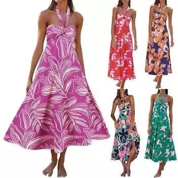 Женское сплошное цветное сексуальное платье с подвесным воротником, длинное платье с богемным принтом L чёрный