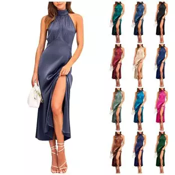 Женское сплошное цветное сексуальное вечернее платье с высокой талией и высоким воротом L бежевый