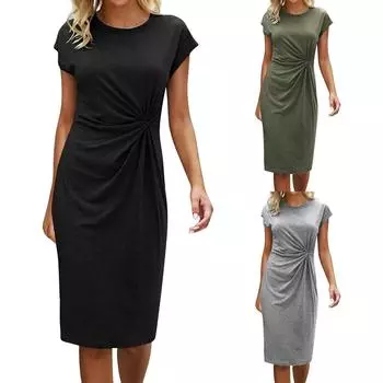 Женское сплошное свободное платье с круглым вырезом и короткими рукавами L чёрный