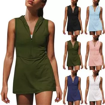 Женское спортивное платье с половиной молнии, платье с капюшоном, тренировочное платье, теннисное платье L армия зеленый