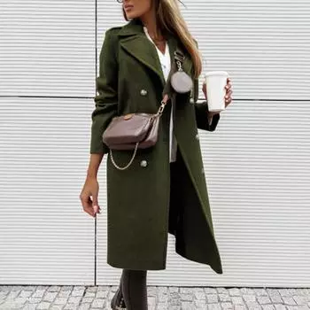 Женское среднее однотонное двубортное пальто без карманов с длинными рукавами, верхняя одежда, украшение с карманами M хаки