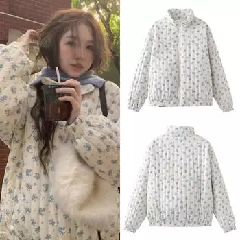 Женское стеганое пальто с цветочным принтом, полосатая свободная стеганая куртка на молнии, зимняя женская корейская модная свободная укороченная куртка с длинными рукавами S белый