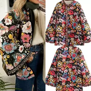 Женское стеганое пальто с цветочным принтом, двусторонняя куртка с длинным рукавом и открытым передом, осенняя винтажная уличная одежда XS