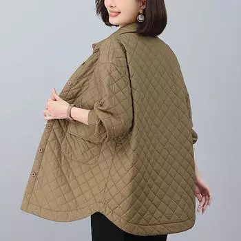 Женское стеганое пальто средней длины: Мода Осень/Зима 2024 для мам среднего возраста, повседневный свободный стиль с лацканами L (115-130kg) хаки