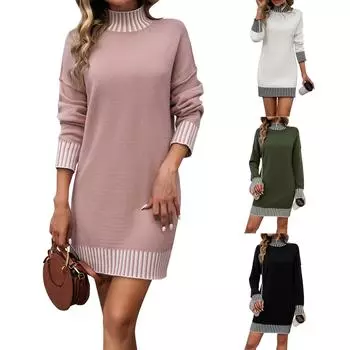 Женское стильное, элегантное, удобное, повседневное платье-свитер с контрастной цветной строчкой L армия зеленый