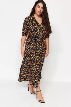 Женское стильное черное тканое платье-рубашка с поясом и цветочным принтом больших размеров