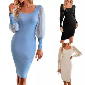 Женское стильное повседневное трикотажное тонкое платье в горошек с длинными рукавами L бежевый