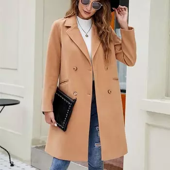 Женское стильное шерстяное пальто средней длины с подкладкой, осенне-зимняя двубортная куртка с карманами, повседневная теплая ветровка S чёрный