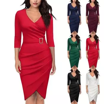 Женское стильное вечернее платье с рукавами-семью и V-образным вырезом L чёрный