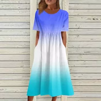 Женское струящееся платье миди в стиле бохо с цветочным принтом, повседневное свободное летнее платье с коротким рукавом для пляжного отдыха и карманами M синий