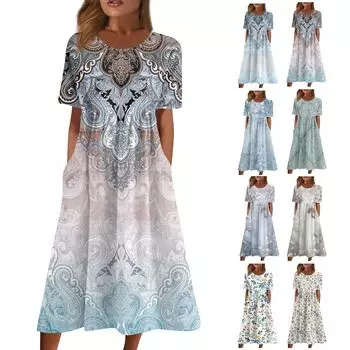 Женское струящееся платье миди в стиле бохо с цветочным принтом, повседневное свободное летнее платье с коротким рукавом для пляжного отдыха и карманами L серый