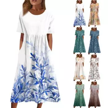 Женское струящееся платье миди в стиле бохо с цветочным принтом, повседневное свободное летнее платье с коротким рукавом для пляжного отдыха и карманами XL синий