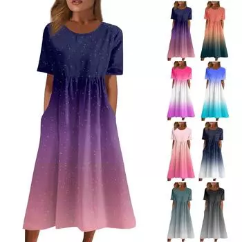 Женское струящееся платье миди в стиле бохо с цветочным принтом, повседневное свободное летнее платье с коротким рукавом для пляжного отдыха и карманами L тёмно-синий