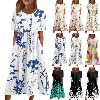 Женское струящееся платье миди в стиле бохо с цветочным принтом, повседневное свободное летнее платье с коротким рукавом для пляжного отдыха и карманами XXL циан