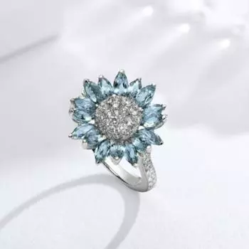 Женское свадебное кольцо с блестящим кубическим цирконием, инкрустированное сверкающим геометрическим украшением, белый аквамарин в форме подсолнуха 11