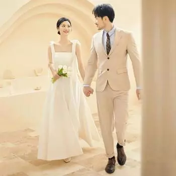 Женское свадебное платье атласное на шнуровке с лямкой на плечо с бантом и квадратным вырезом трапециевидной формы с большими качелями сплошной цвет без рукавов вечернее платье для фотосъемки M белый