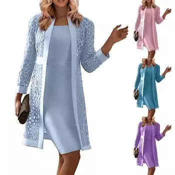 Женское свадебное платье, наряд для мамы, платье длиной до колена с длинными рукавами и курткой L синий