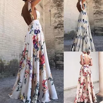 Женское свадебное платье невесты, подружки невесты, элегантное платье без рукавов с цветочным принтом, открытой спиной, на бретелях с V-образным вырезом, длинное платье для вечеринки, бальное платье S