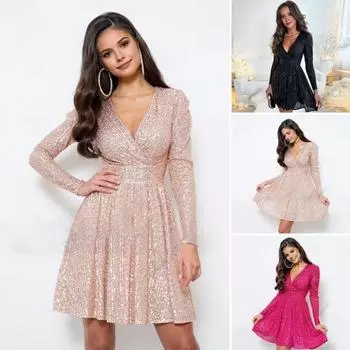 Женское сверкающее мини-платье с пайетками, длинное вечернее платье с V-образным вырезом, облегающее женское коктейльное платье для вечеринок, свадеб, клубов, выпускных вечеров S чёрный