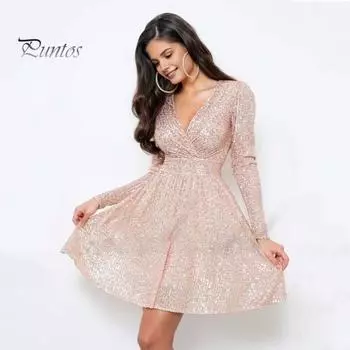Женское сверкающее мини-платье с пайетками, длинное вечернее платье с V-образным вырезом, облегающее женское коктейльное платье для вечеринок, свадеб, клубов, выпускных вечеров S розовый