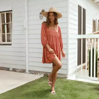 Женское светло-голубое платье с квадратным вырезом, оборкой по низу и рукавами-буфами, летнее повседневное платье с цветочным принтом S оранжево-красный