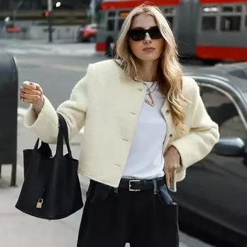 Женское свободное элегантное флисовое твидовое пальто с круглым вырезом, однобортное короткое пальто с длинным рукавом, осенняя женская офисная уличная верхняя одежда 2024 года L бежевый