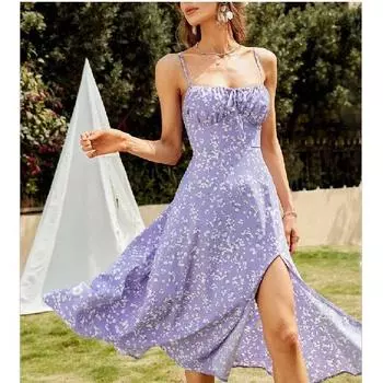 Женское свободное элегантное платье с открытой спиной и принтом, длинное платье с подтяжками и завязками S фиолетовый