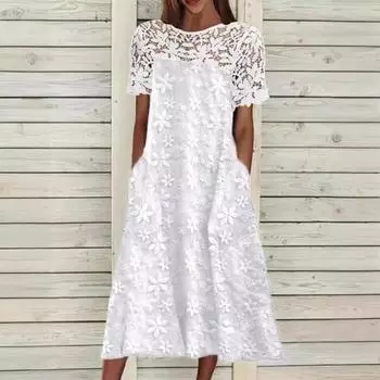 Женское свободное белое длинное платье из жаккарда в стиле пэчворк с короткими рукавами и круглым вырезом L белый