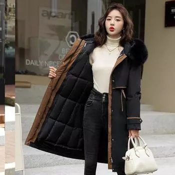 Женское свободное длинное меховое пальто, пуховик, женское зимнее женское пальто, зимние парки с капюшоном и пуховыми перьями S