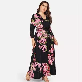 Женское свободное длинное платье больших размеров со шнуровкой и принтом, с v-образным вырезом и средней талией, с v-образным вырезом и принтом. L чёрный