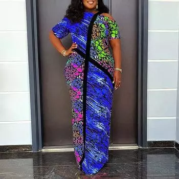 Женское свободное длинное платье большого размера на одно плечо с коротким рукавом и принтом M ярко-розовый