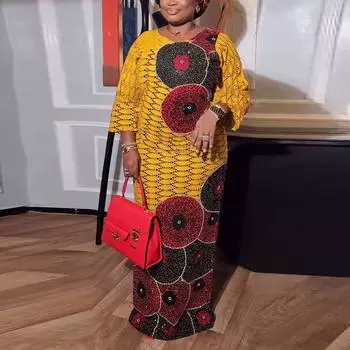 Женское свободное длинное платье большого размера с круглым вырезом и рукавами 3/4 с принтом M оранжевый