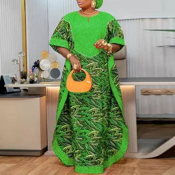 Женское свободное длинное платье большого размера с круглым вырезом и длинным рукавом с рисунком M оранжевый