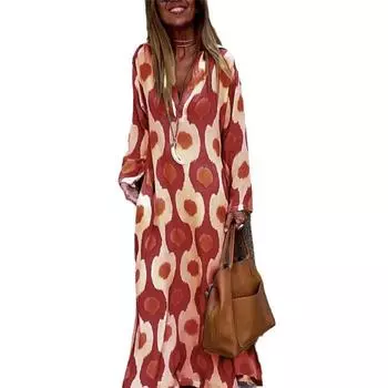 Женское свободное длинное платье с длинным рукавом и V-образным вырезом больших размеров с принтом 4XL чёрный