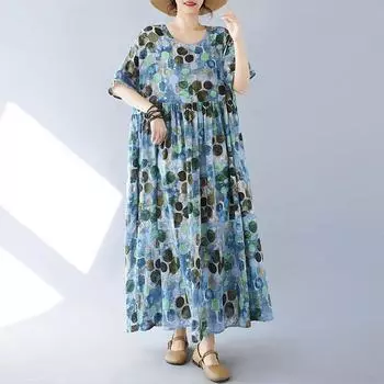Женское свободное длинное платье с круглым вырезом и принтом, мягкое и дышащее пляжное платье больших размеров, повседневное модное летнее платье one size