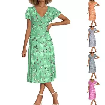 Женское свободное длинное платье с шифоновым цветочным принтом и короткими рукавами с рюшами и V-образным вырезом, модное струящееся платье с талией L зелёный