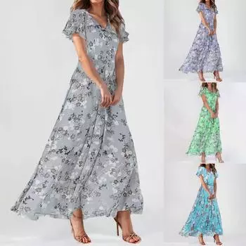 Женское свободное длинное платье с шифоновым цветочным принтом и короткими рукавами с рюшами и V-образным вырезом, модное струящееся платье с талией L зелёный