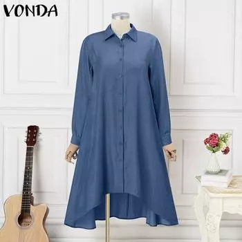 Женское свободное джинсовое платье-рубашка VONDA большого размера с длинными рукавами и пуговицами нерегулярной формы M чёрный