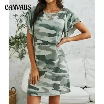 Женское свободное камуфляжное платье, летние новые цельные платья с короткими рукавами и круглым вырезом S армия зеленый