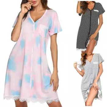 Женское свободное кружевное платье с коротким рукавом и v-образным вырезом в полоску, домашняя ночная рубашка с принтом L чёрный