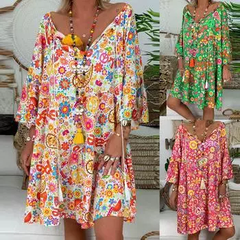 Женское свободное мини-платье с цветочным принтом и рукавами три четверти, летнее платье L зелёный