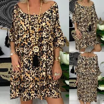 Женское свободное мини-платье с леопардовым принтом и половиной рукава, летнее платье XXXL коричневый