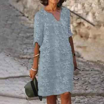 Женское свободное облегающее и модное однотонное сетчатое платье с вышивкой и v-образным вырезом и рукавами 5/4 XXXL