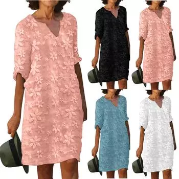 Женское свободное облегающее и модное однотонное сетчатое платье с вышивкой и v-образным вырезом и рукавами 5/4