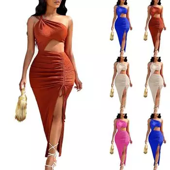 Женское свободное однотонное платье с косой талией и сумкой через плечо, платье с сумкой через плечо и сумкой через плечо, платье с платьем L бежевый