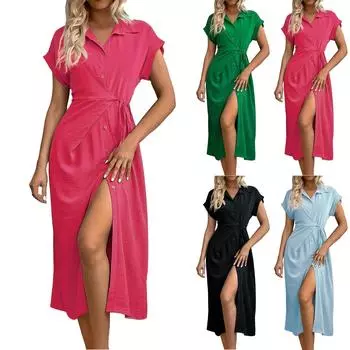 Женское свободное однотонное платье с высокой талией и короткими рукавами на пуговицах L армия зеленый